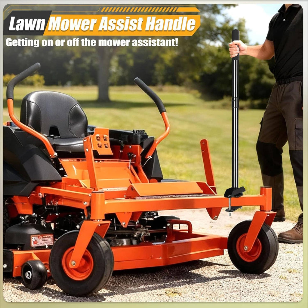 Adjustable mower assist handle with black pole and clamp, mounted on an orange mower