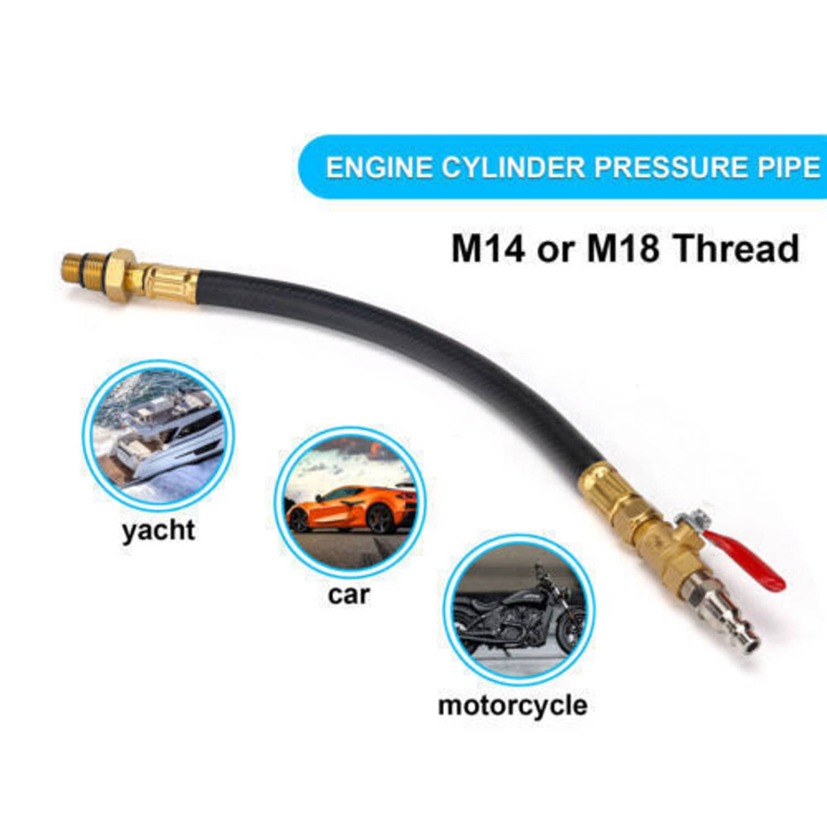 Engine cylinder pressure pipe with black hose, brass adapters, and red shut-off valve