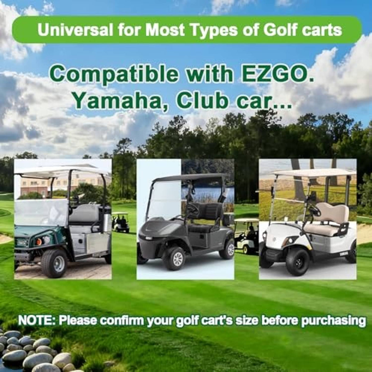 Gray universal golf cart bench seat cover with green piping installed on cart seat