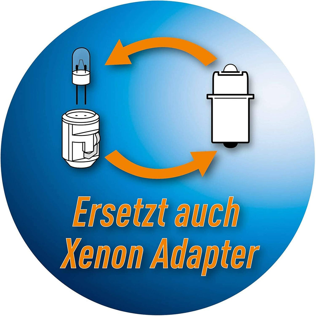 LED adapter installation graphic with icons, arrows, and battery adapter diagrams