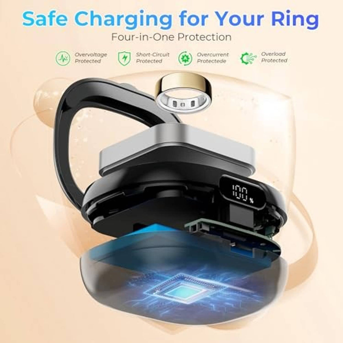 Black ring charging case open with internal charging contacts and LED power display
