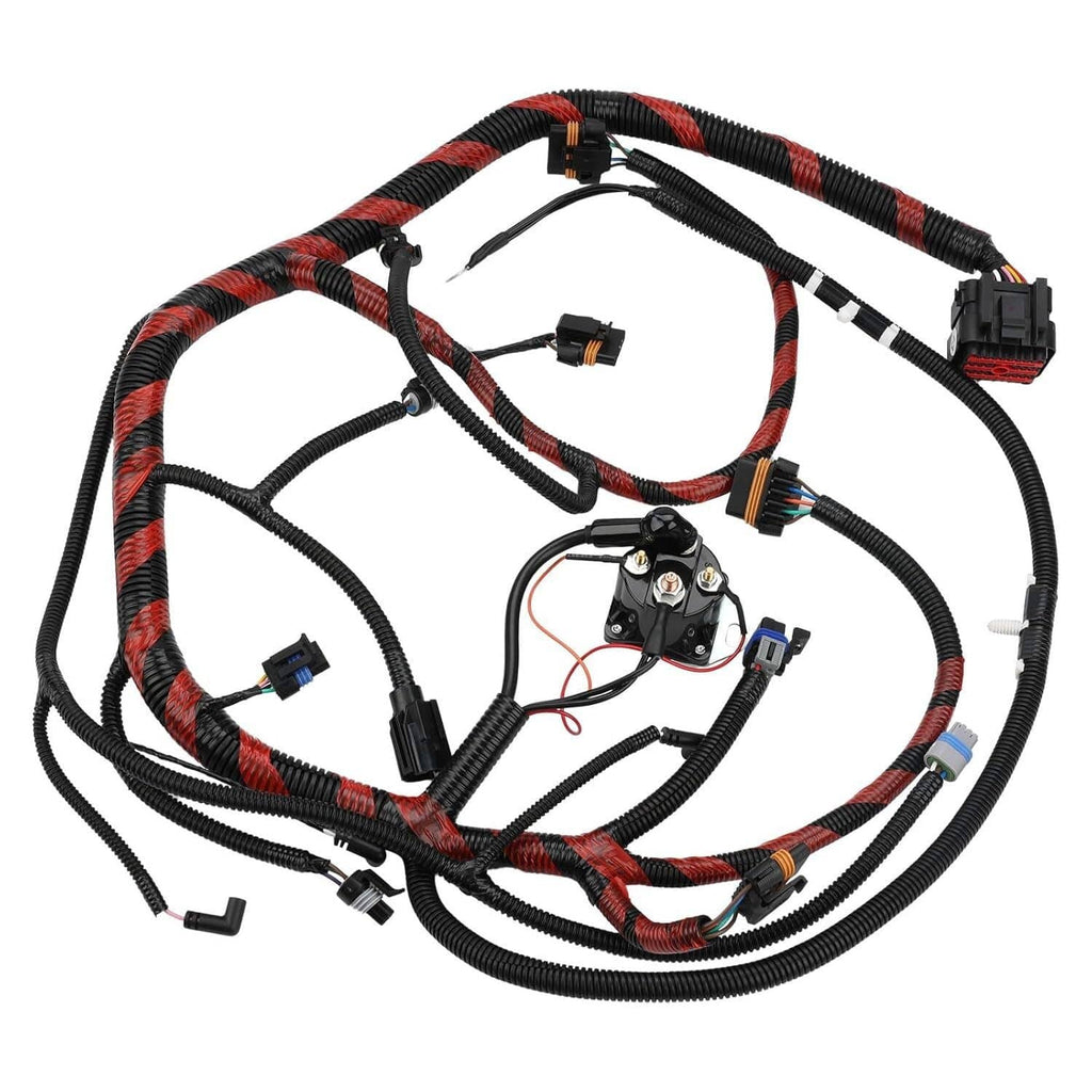 Engine wiring harness with black cable loom, red stripe, multiple connectors