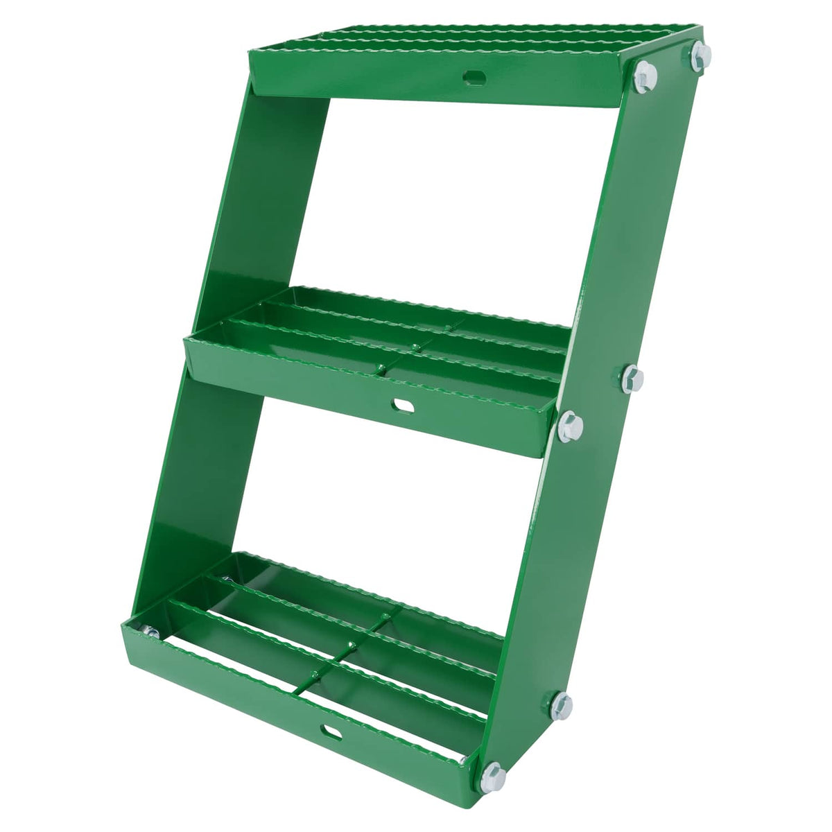 Green tractor step extension frame with two slatted steps and corner mounting bolts