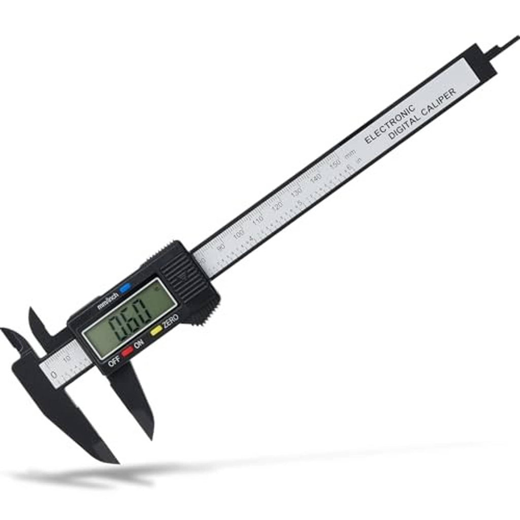 Black electronic digital caliper with LCD screen and extended ruler measurement scale