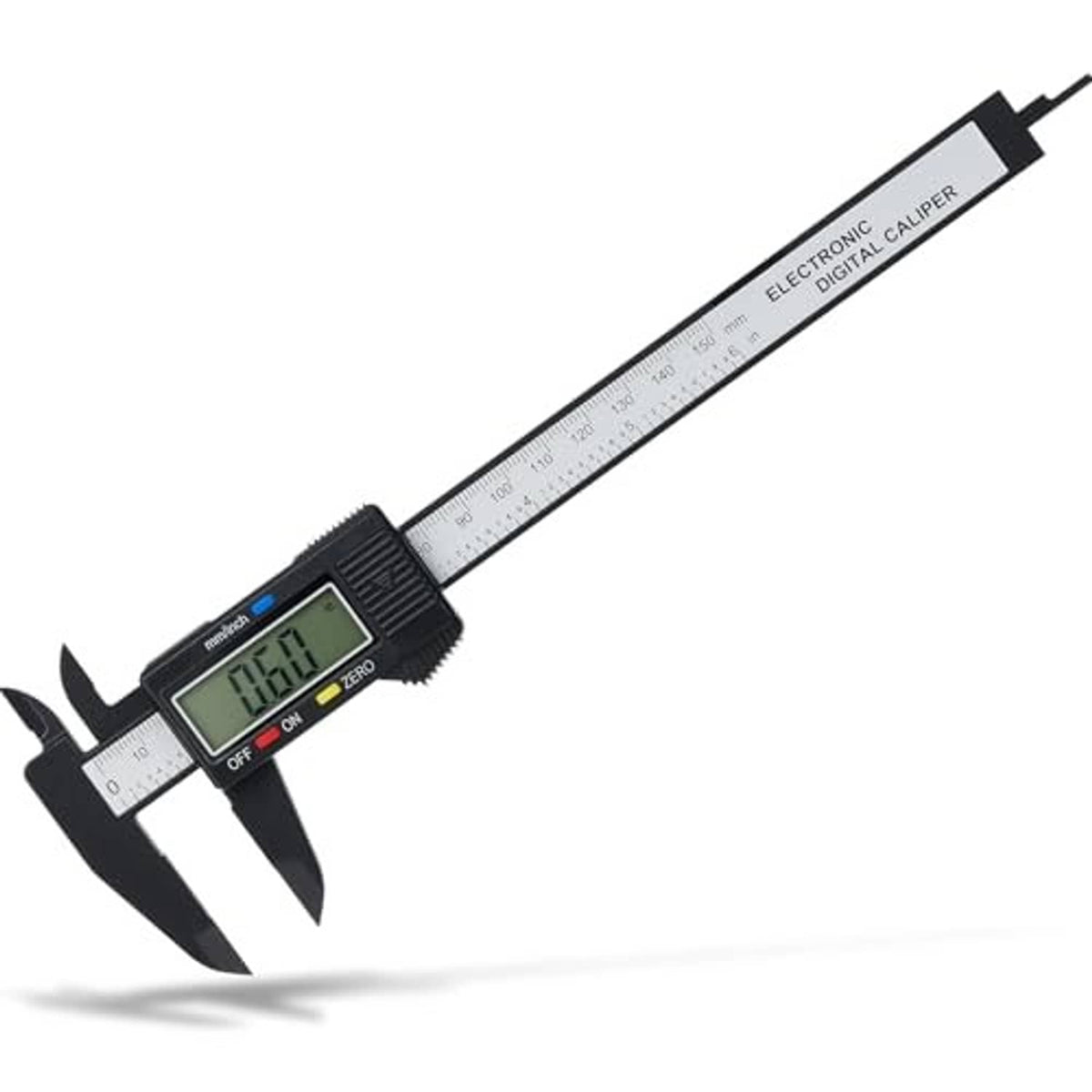 Black electronic digital caliper with LCD screen and extended ruler measurement scale
