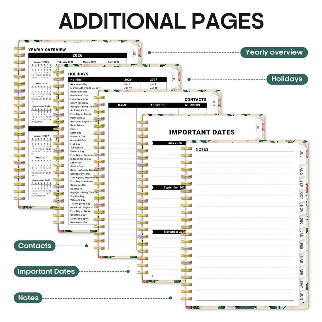 Additional planner pages showing contacts, important dates, and notes sections