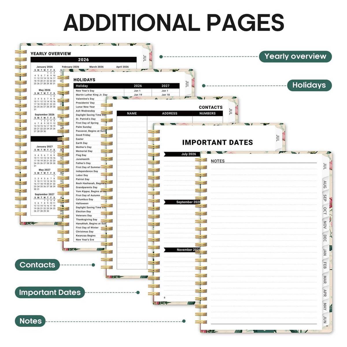Additional planner pages showing contacts, important dates, and notes sections