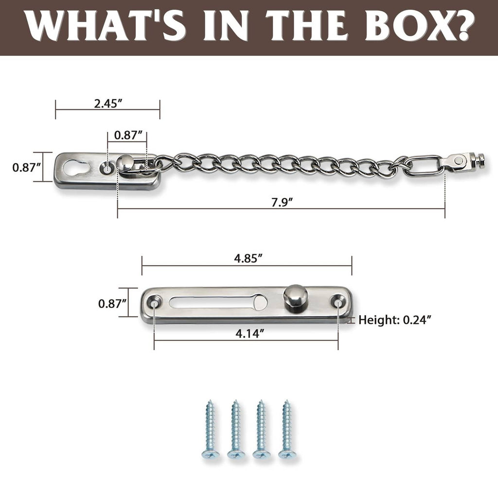 Door chain lock kit with slider latch, safety chain, and mounting screws
