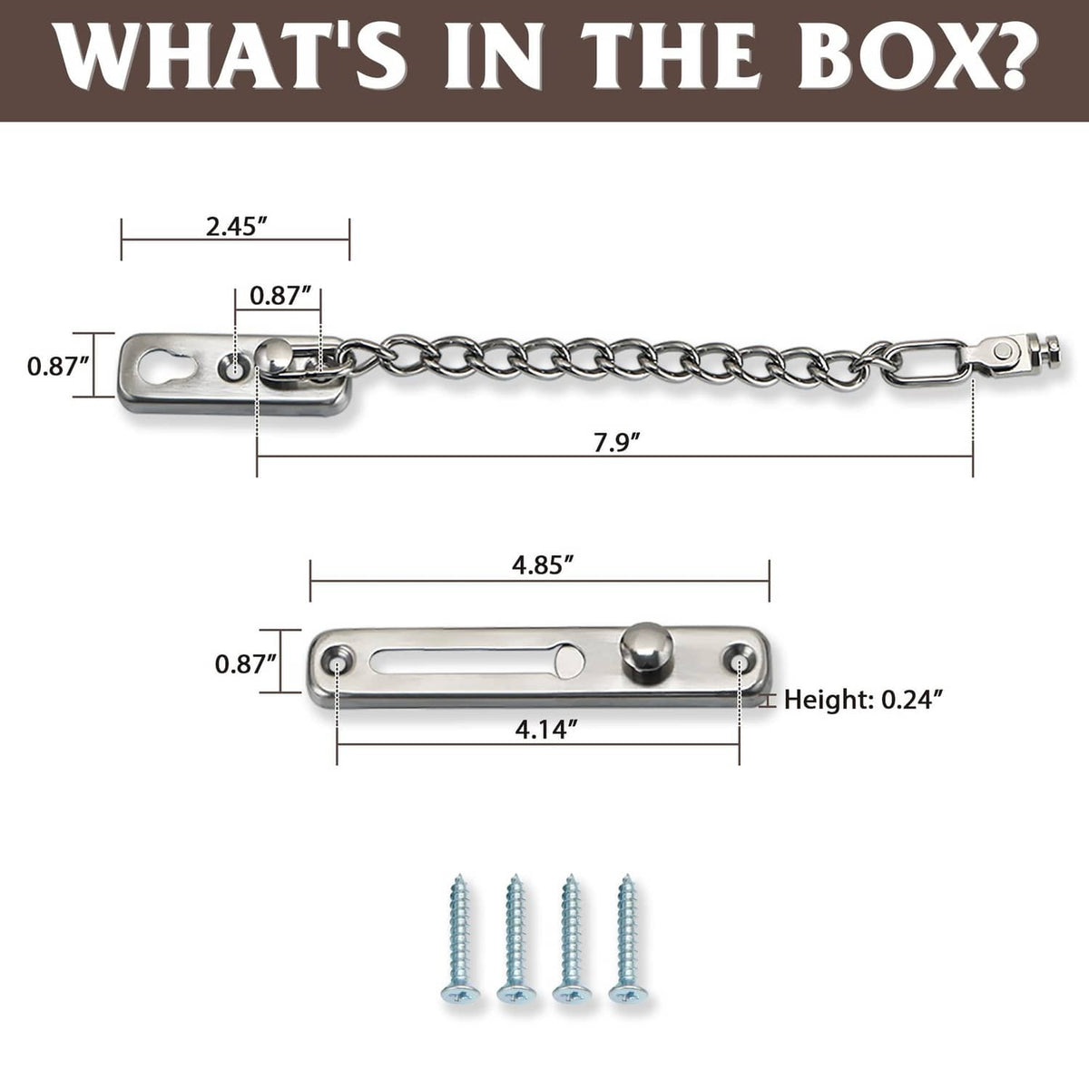 Door chain lock kit with slider latch, safety chain, and mounting screws