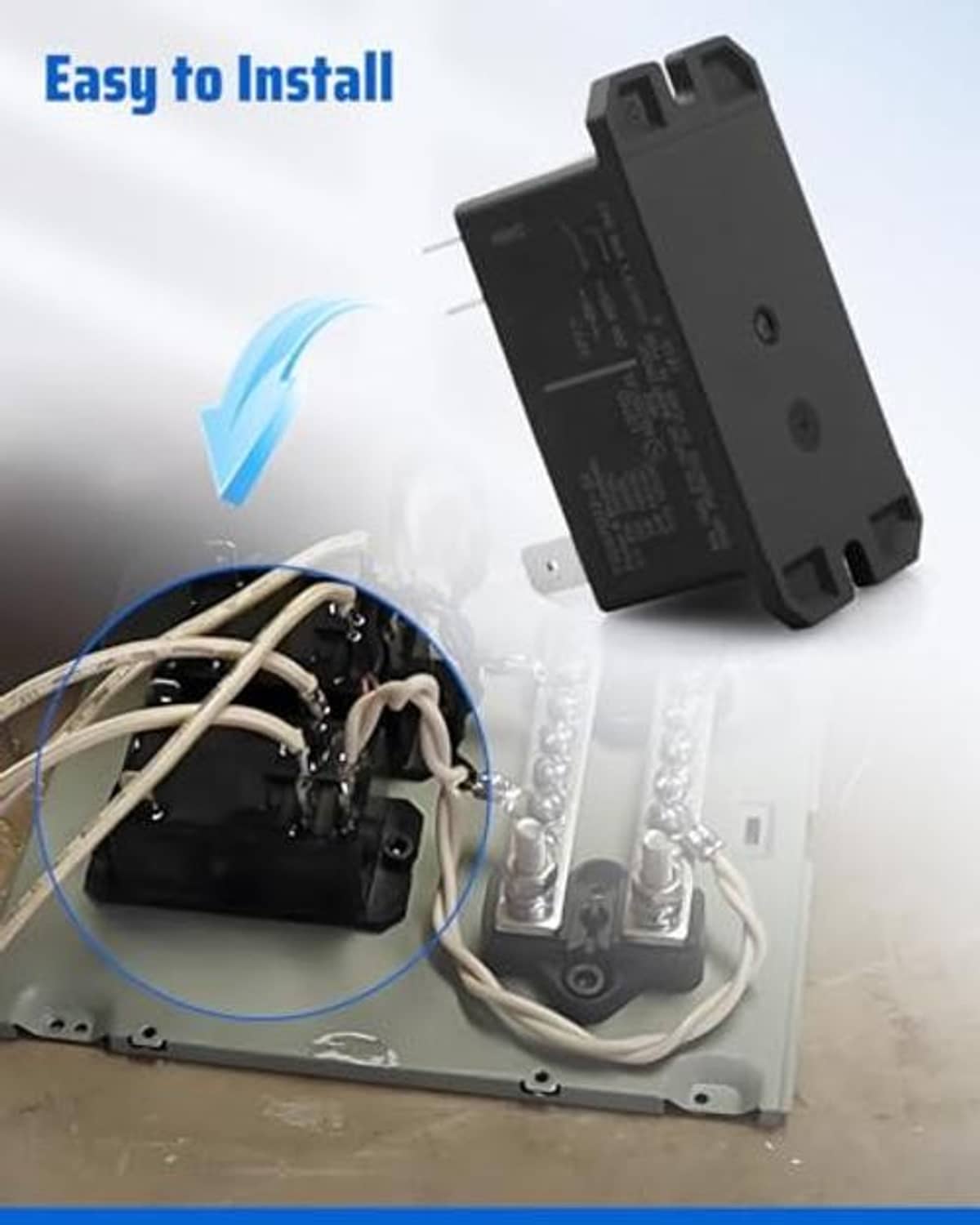 Black HVAC relay with attached wire harness and metal mounting tabs