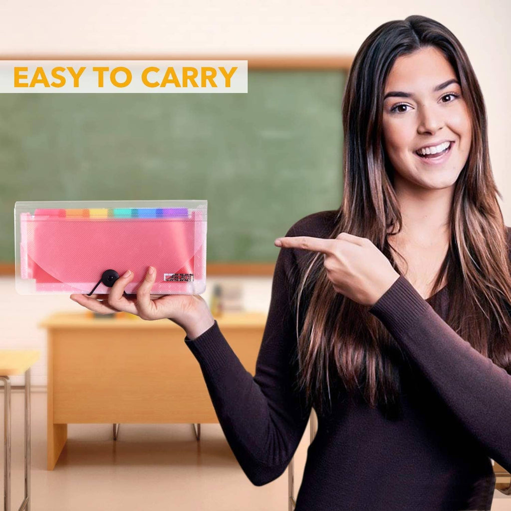 Pink expanding accordion file organizer wallet with button closure for easy carry