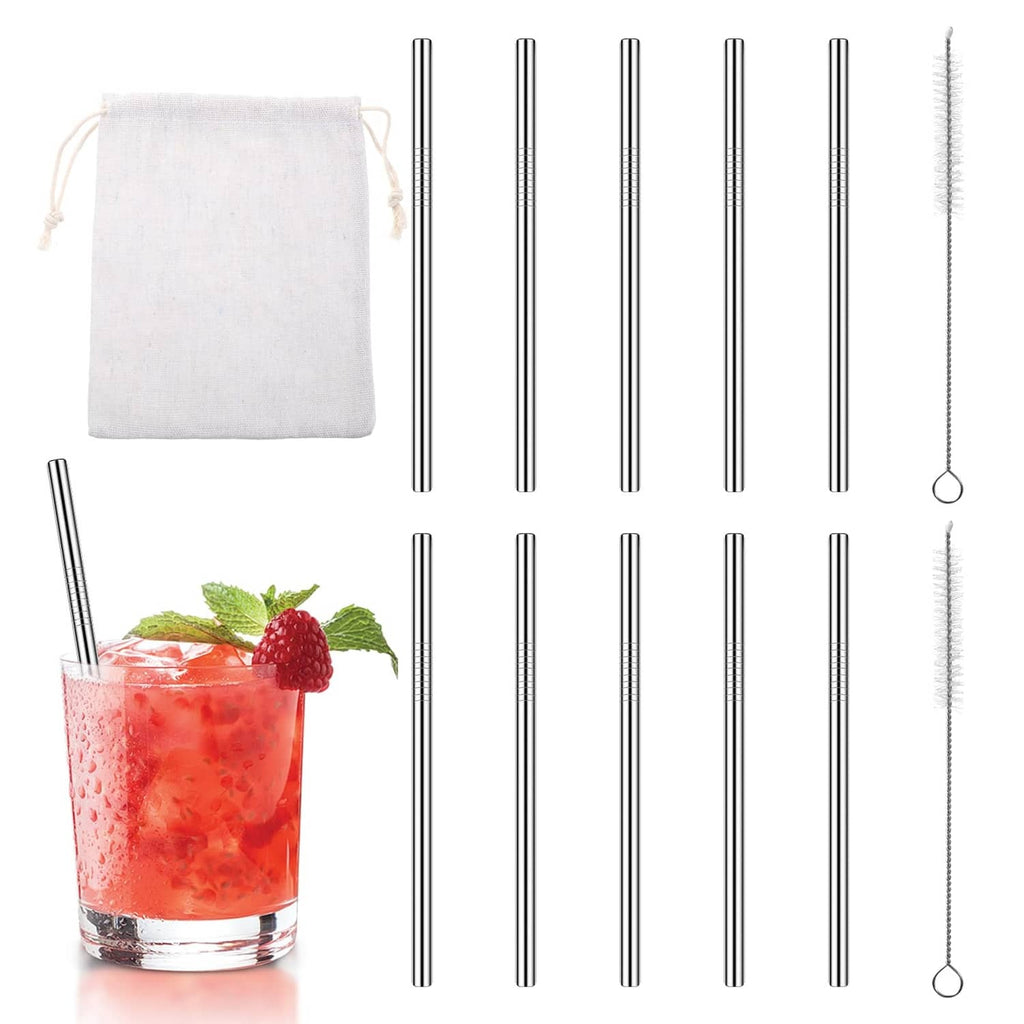 Reusable stainless steel cocktail straws set with fabric pouch, 10 pack