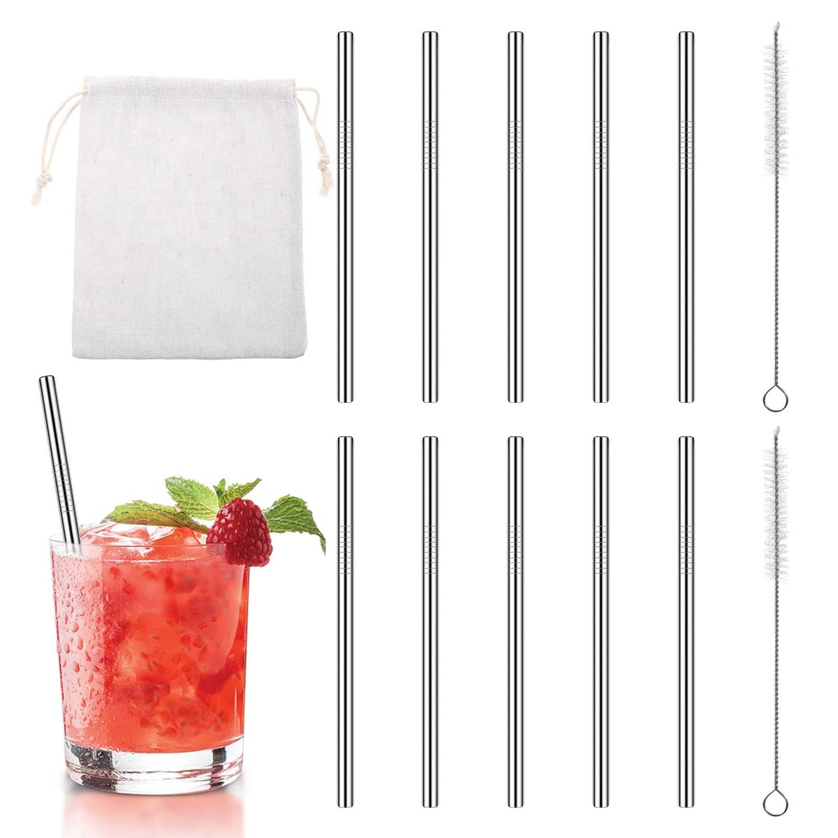 Reusable stainless steel cocktail straws set with fabric pouch, 10 pack