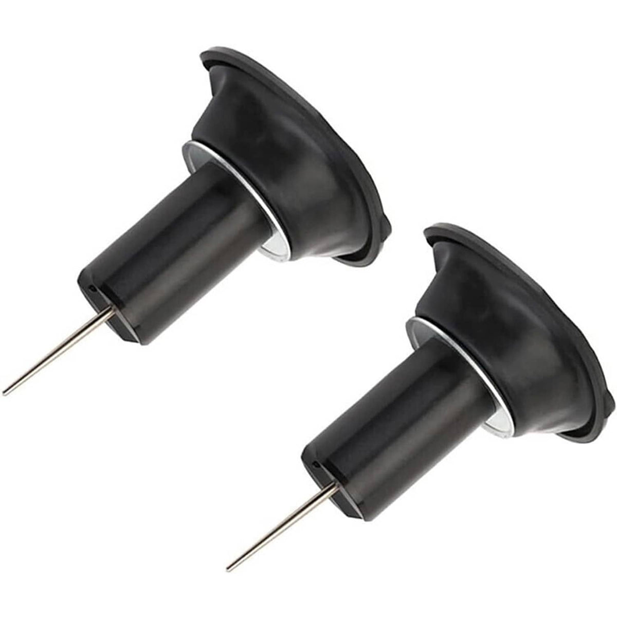 Two black rubber carb intake valves with long metal stems and flared hose openings
