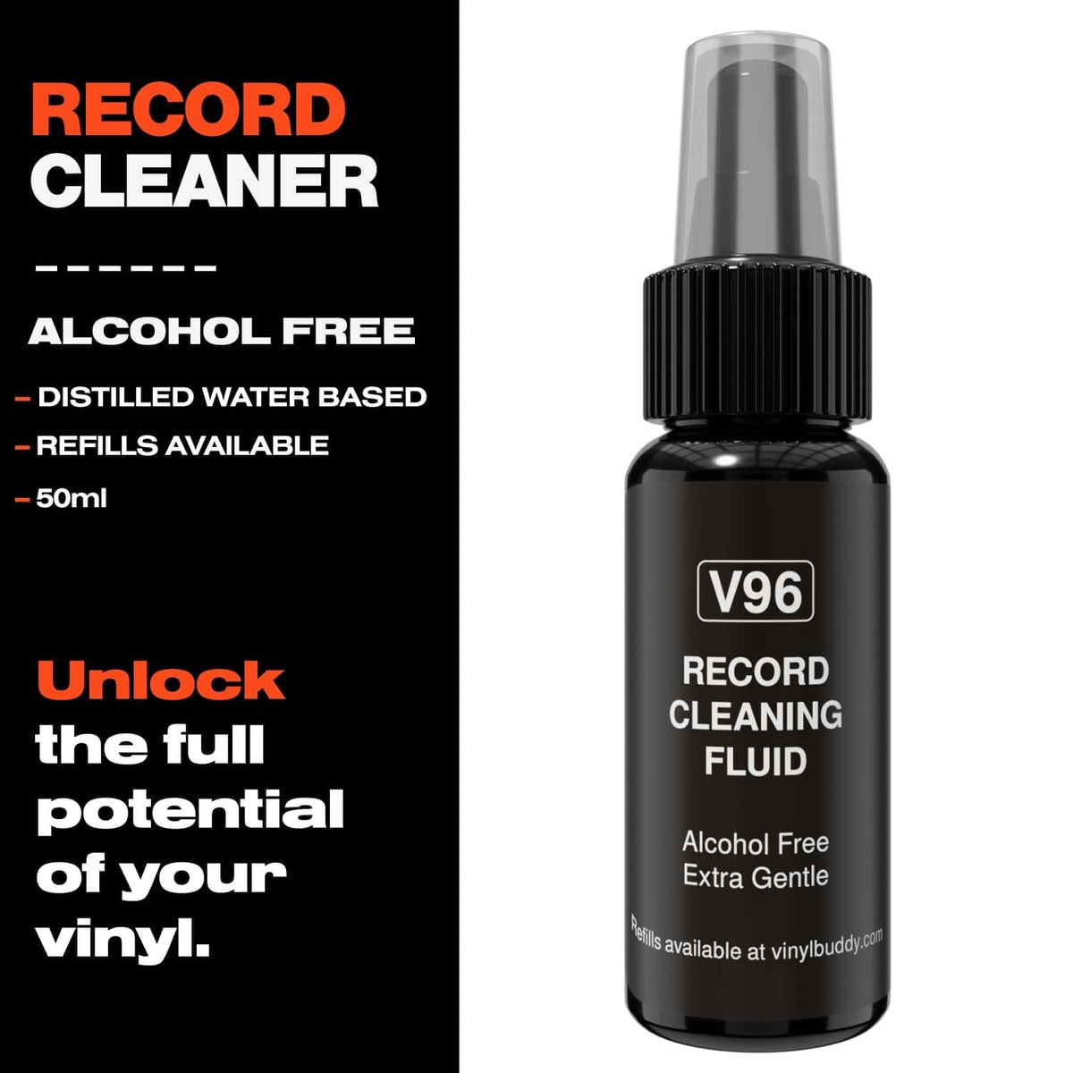 Alcohol-free record cleaning fluid bottle, 50 ml with V96 label