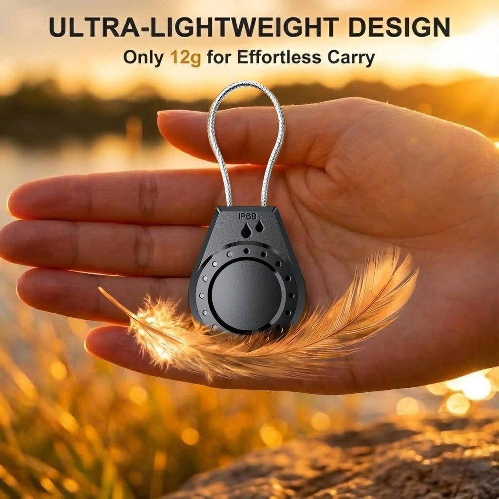 Ultra-light waterproof lockable AirTag holder in palm with key ring and black body