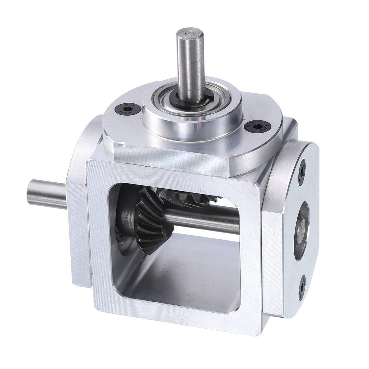 Silver right angle bevel gearbox with top input shaft and side output shaft