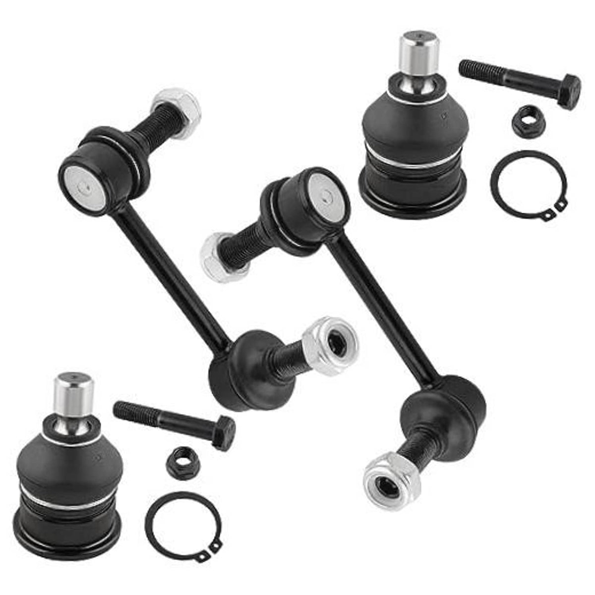 Set of 4 sway bar end links and upper ball joints with black boots, nuts, washers
