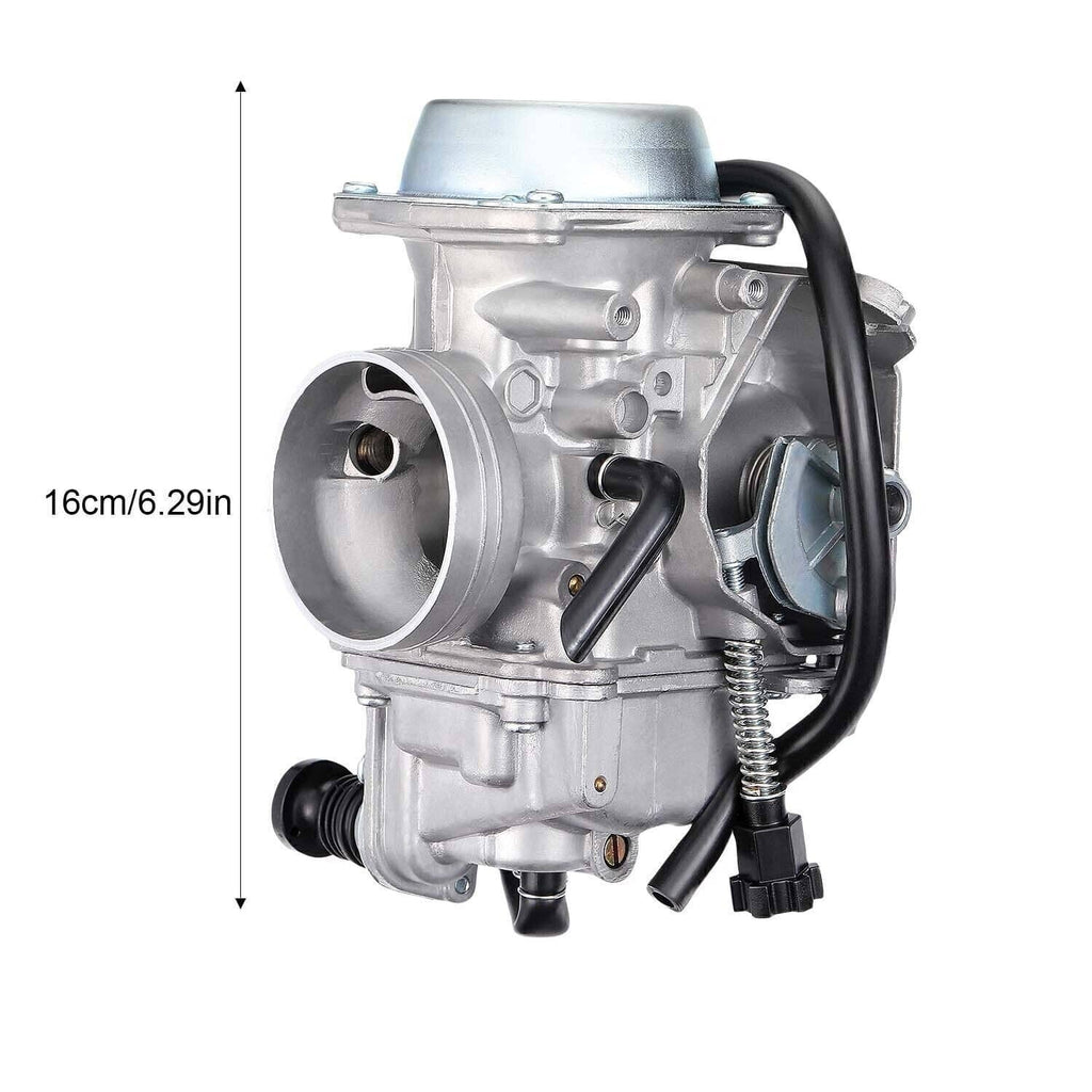 Carburetor with round intake opening, black hoses, and metal mounting hardware