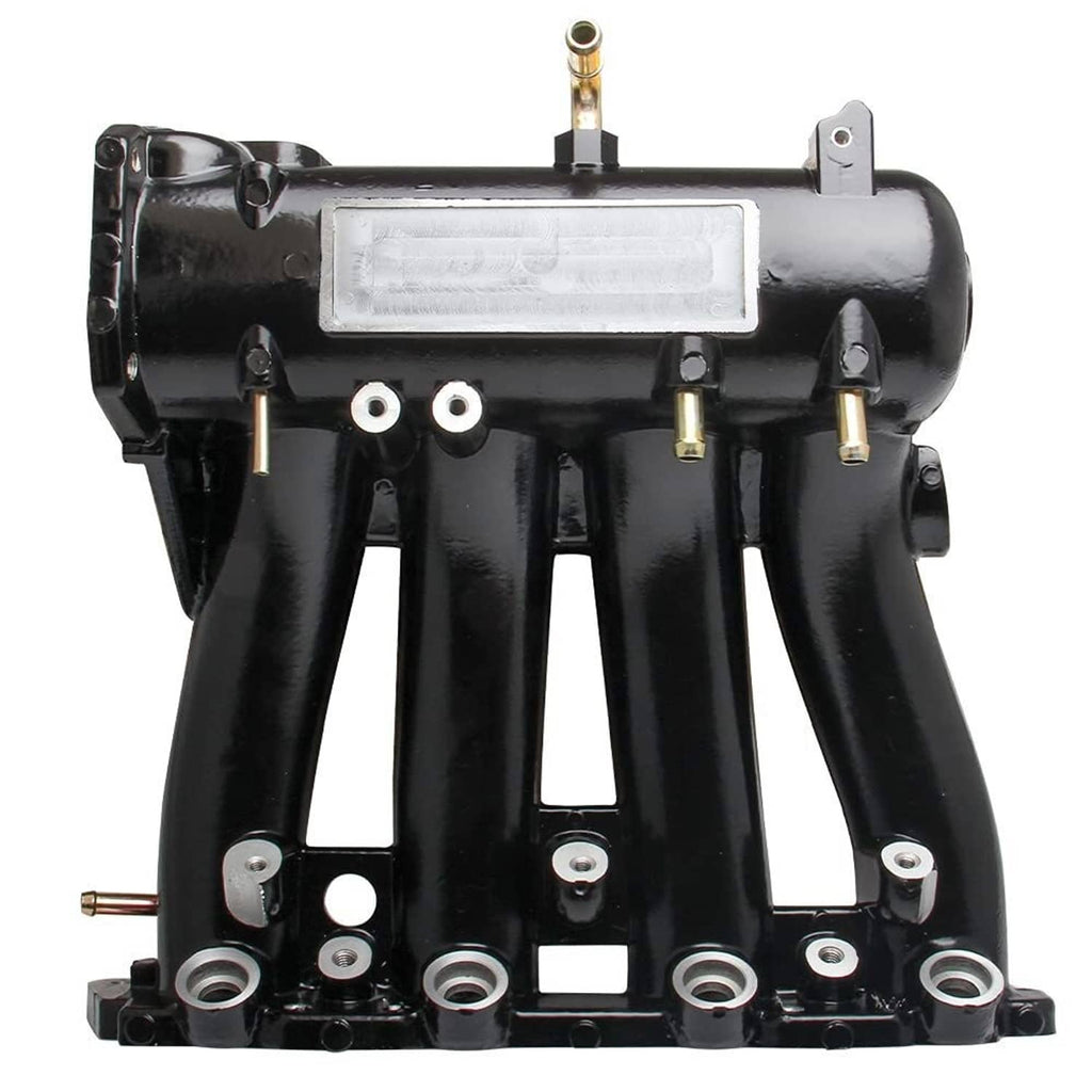 Black intake manifold plenum housing with bolt holes and threaded ports