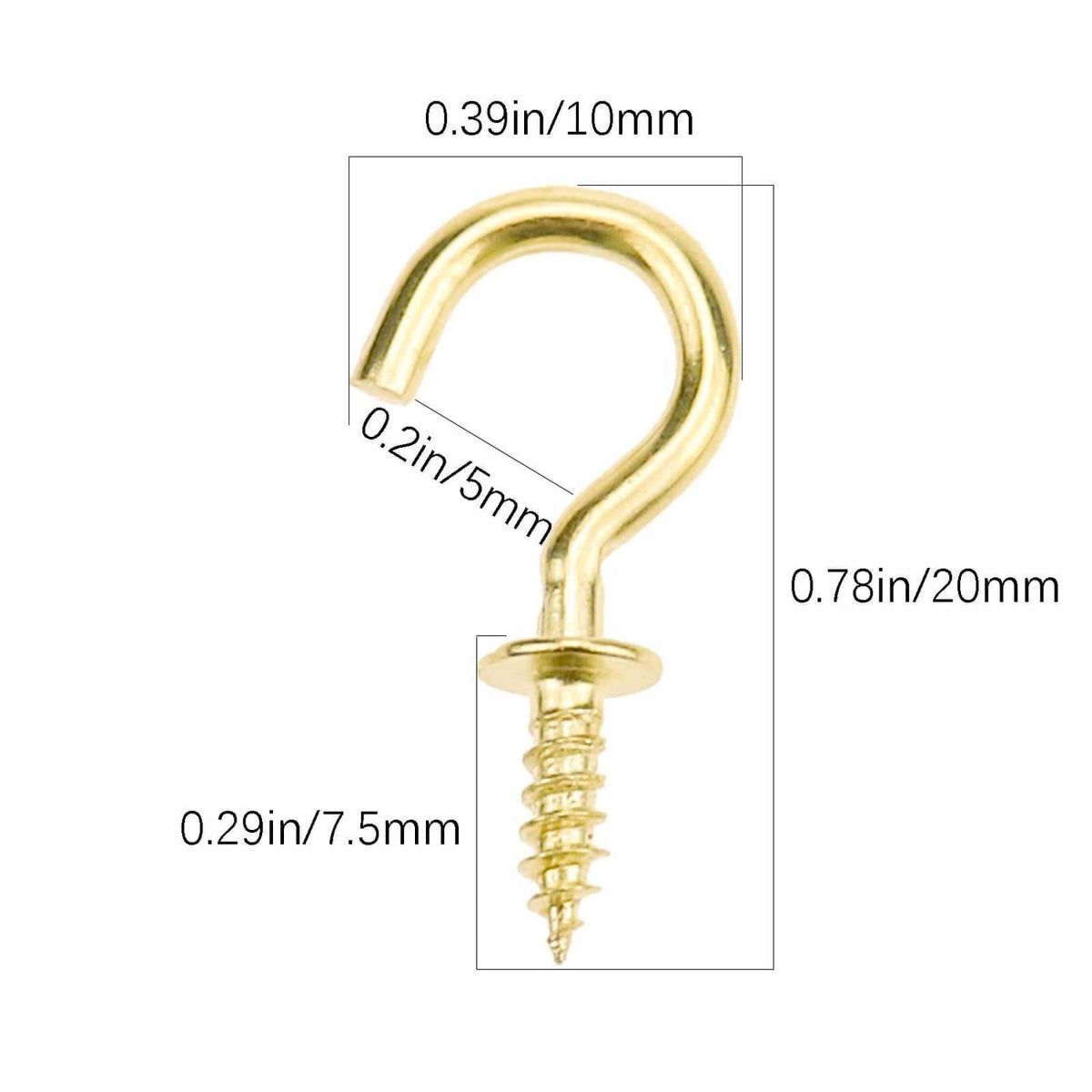 Gold cup hook screw, curved S-shaped hook with short pointed screw thread