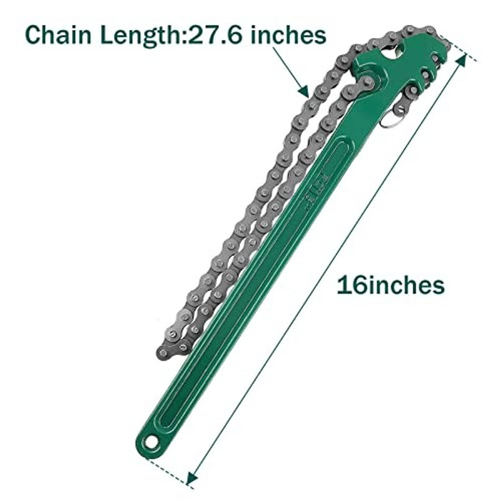 Adjustable ratcheting chain wrench with green handle and silver chain, top view