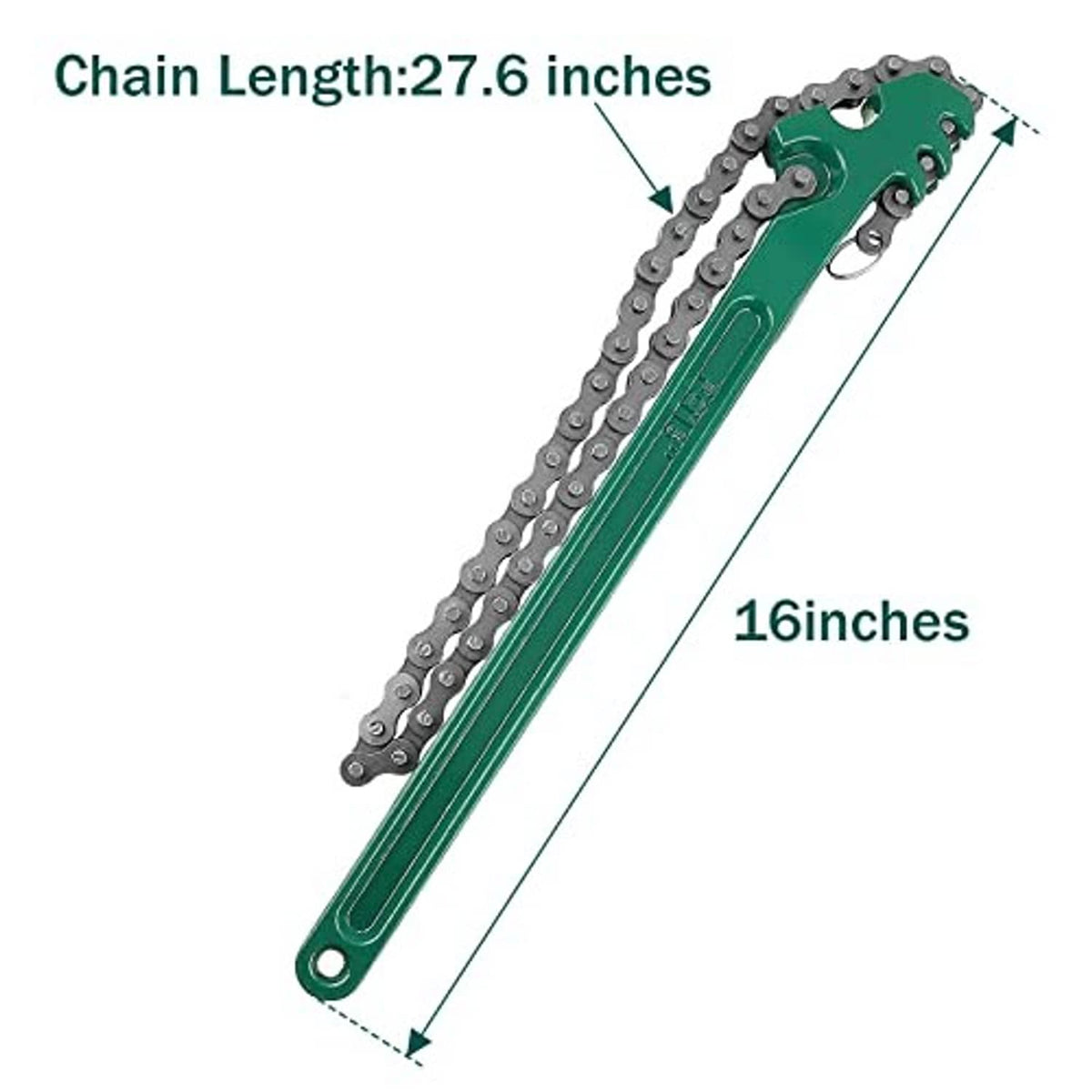 Adjustable ratcheting chain wrench with green handle and silver chain, top view