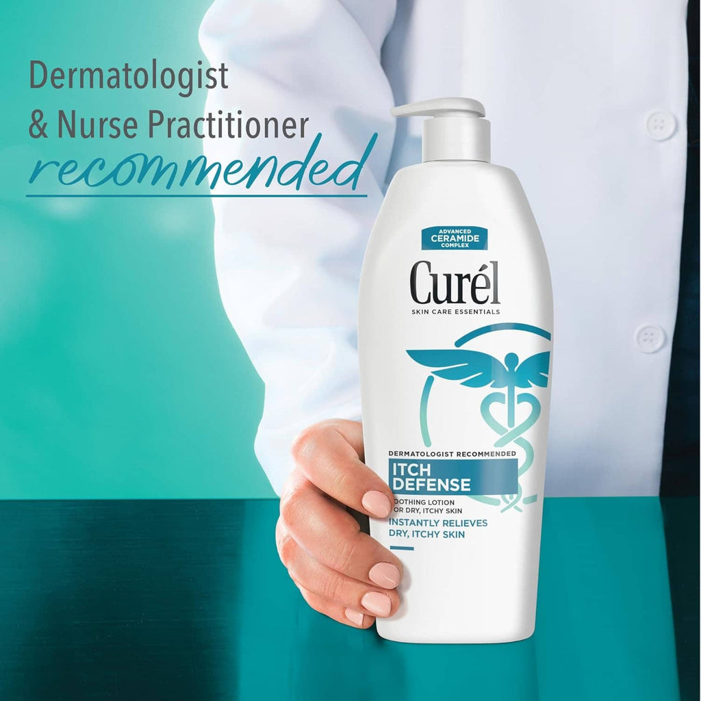 Itch Defense lotion bottle with pump held in hand; dermatology recommended