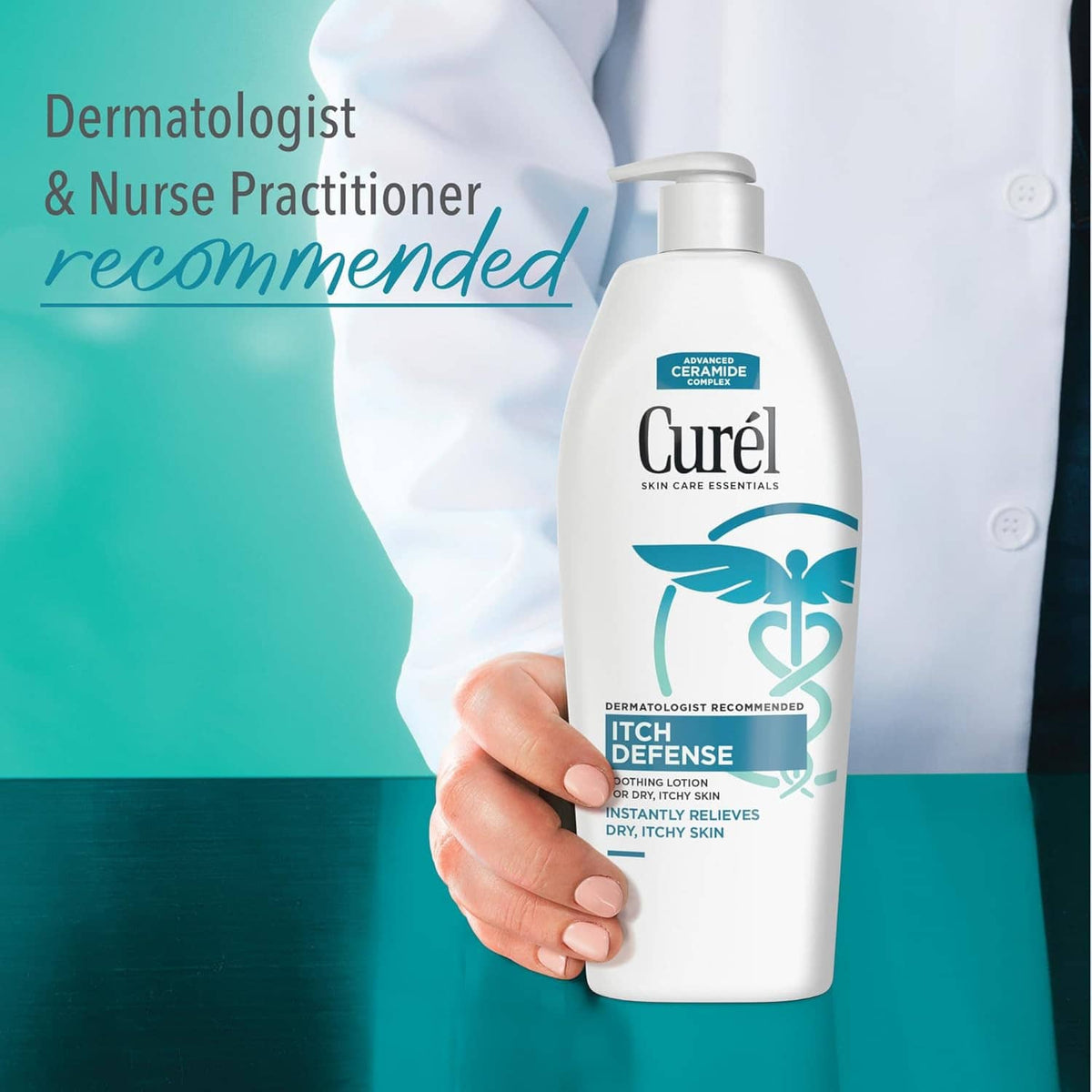 Itch Defense lotion bottle with pump held in hand; dermatology recommended