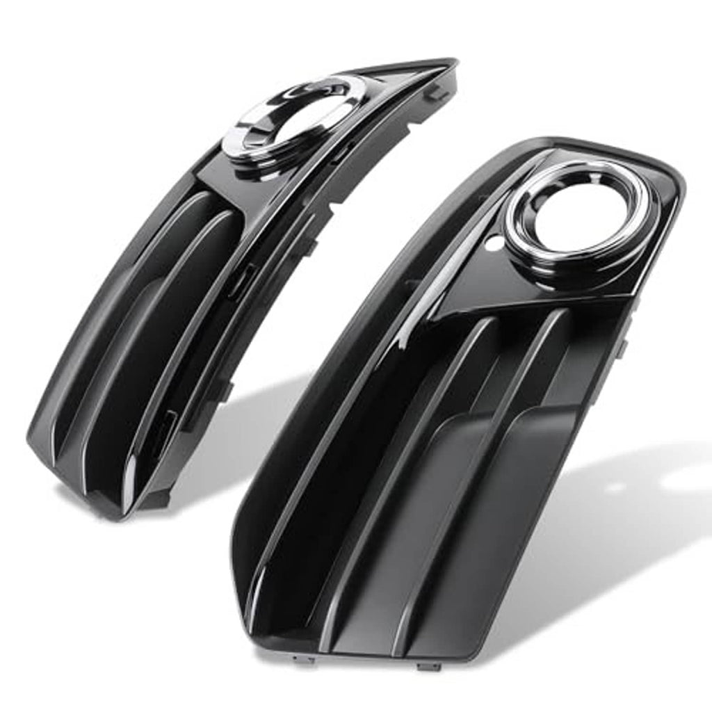 Front bumper fog light grill inserts with chrome-ring openings, black finish, pair