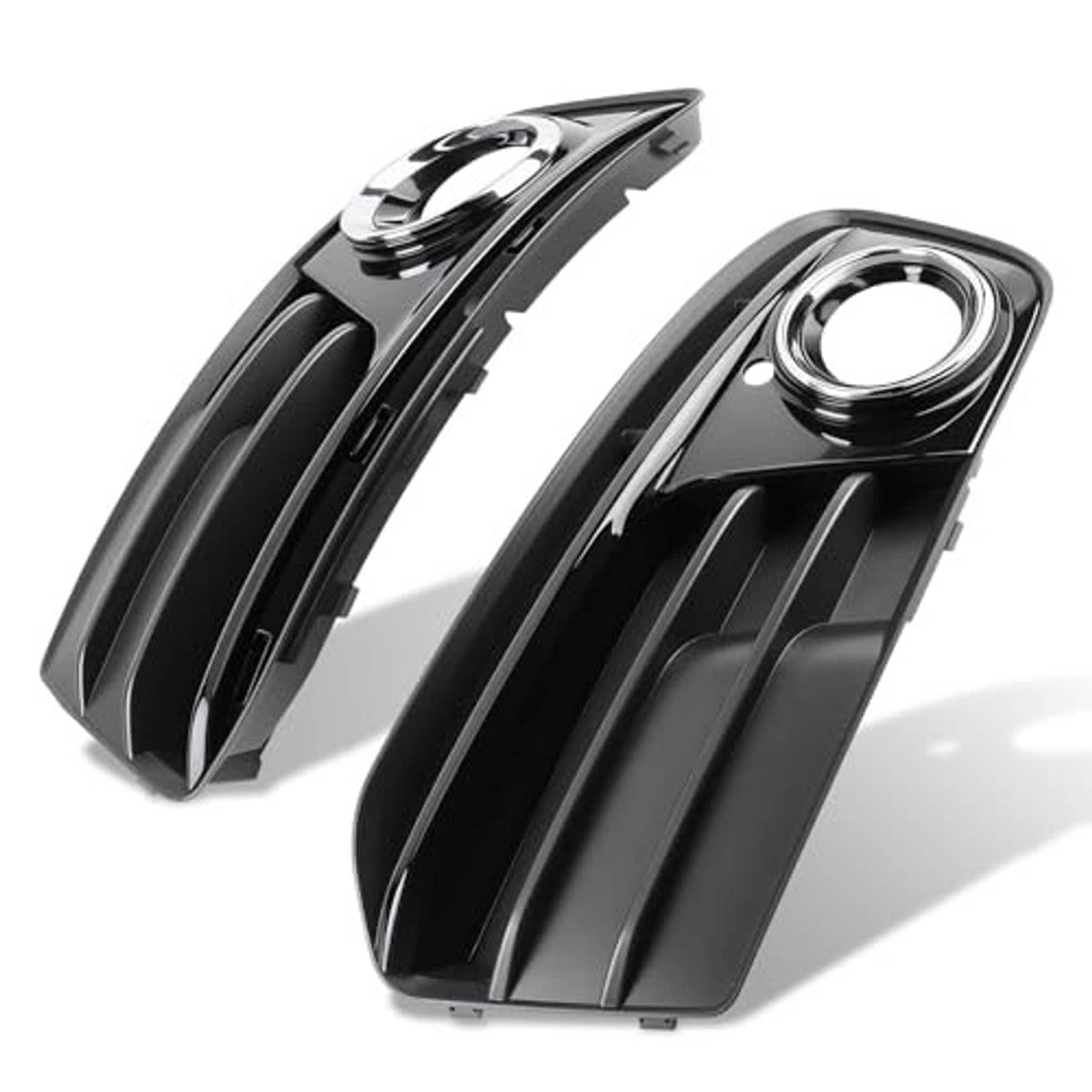 Front bumper fog light grill inserts with chrome-ring openings, black finish, pair