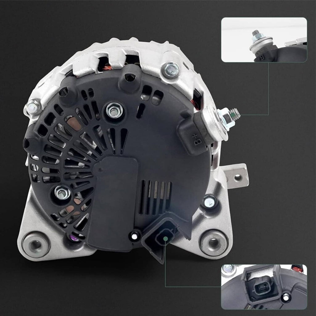 Engine alternator with pulley housing and electrical terminals, front view