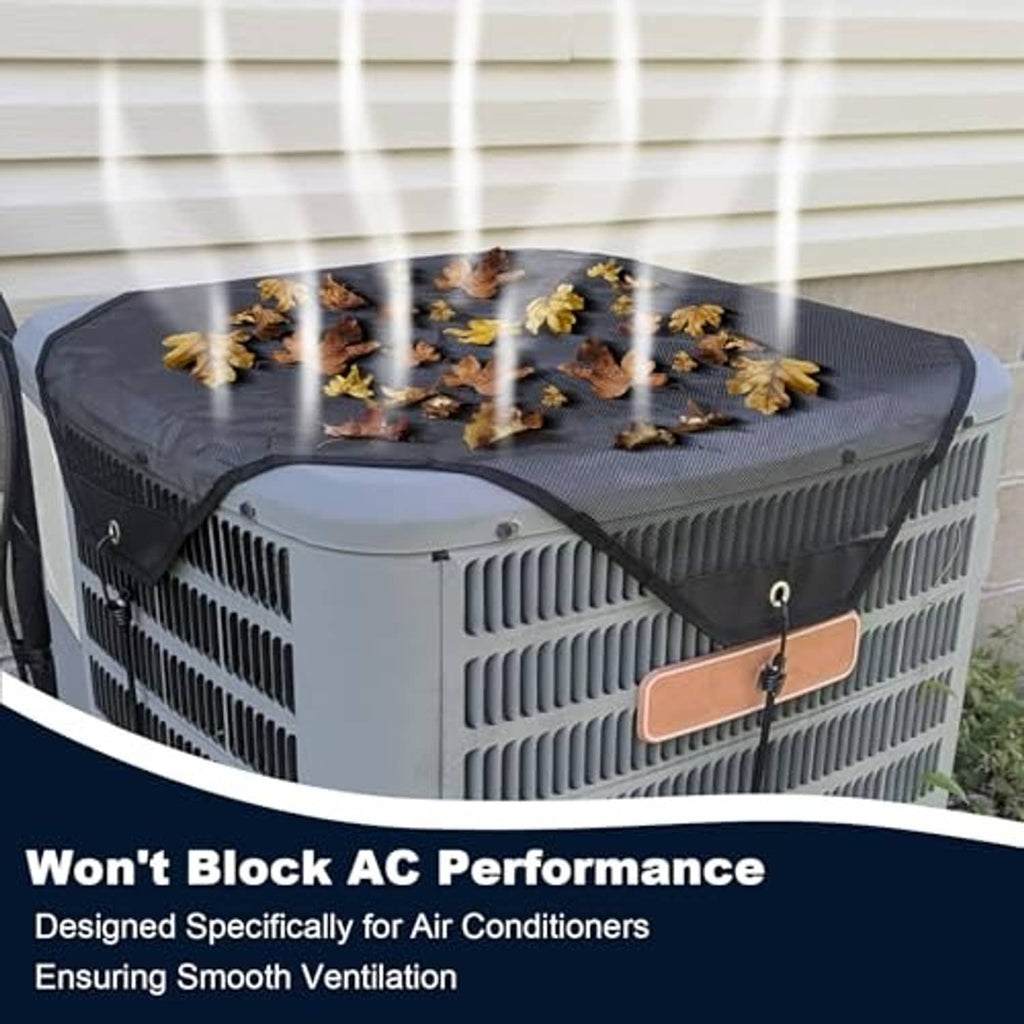Outdoor AC cover in black mesh with corner hooks and bungee-cord straps