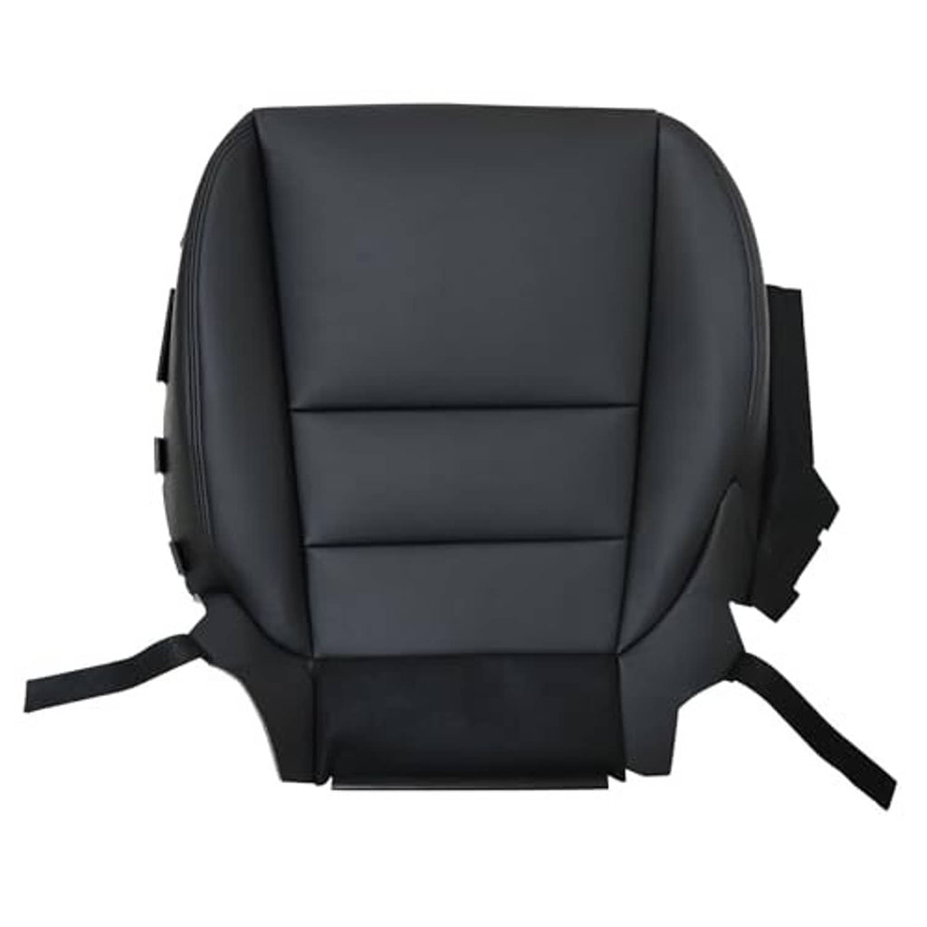 Black leather front seat bottom cover with stitched panels and visible side mounting straps.