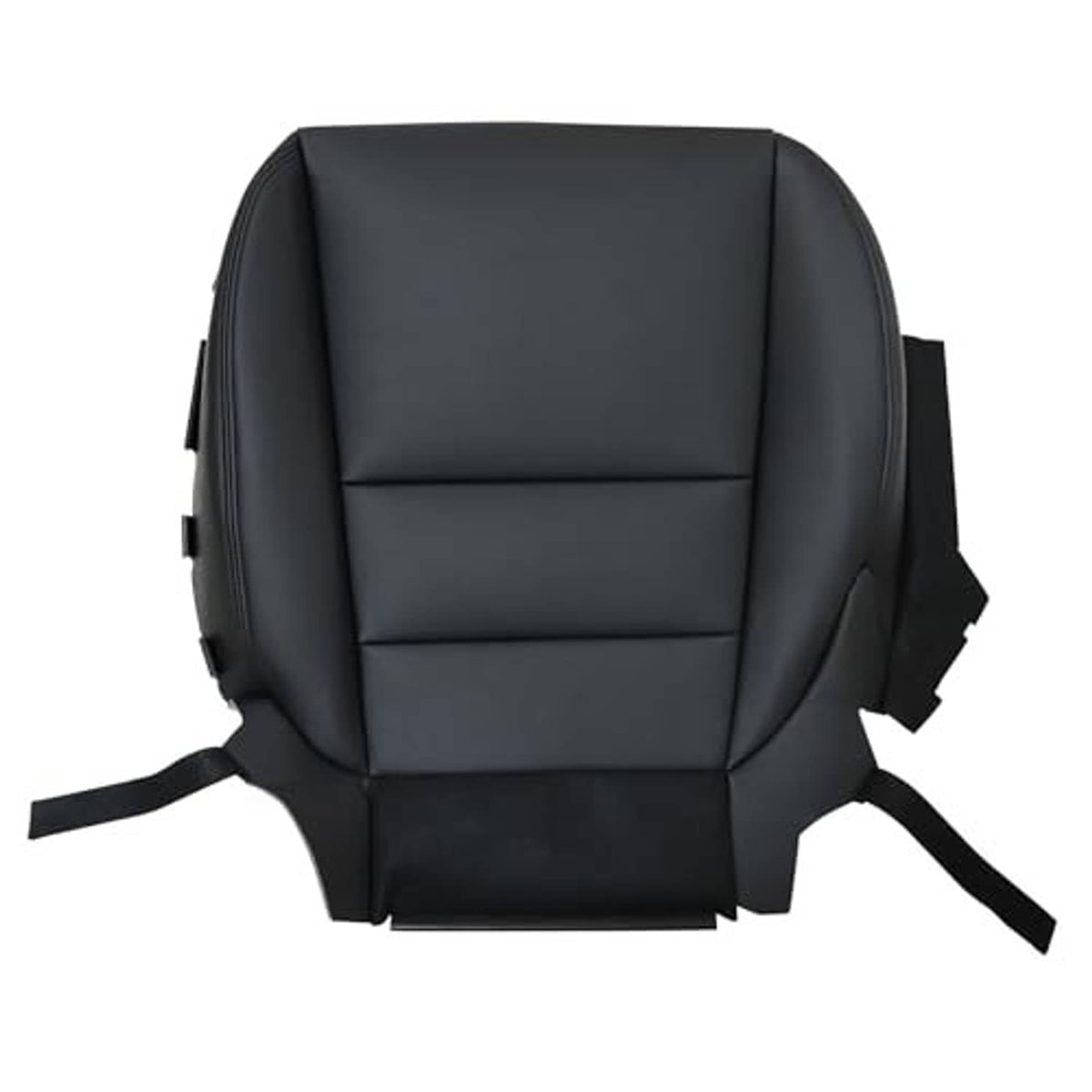 Black leather front seat bottom cover with stitched panels and visible side mounting straps.