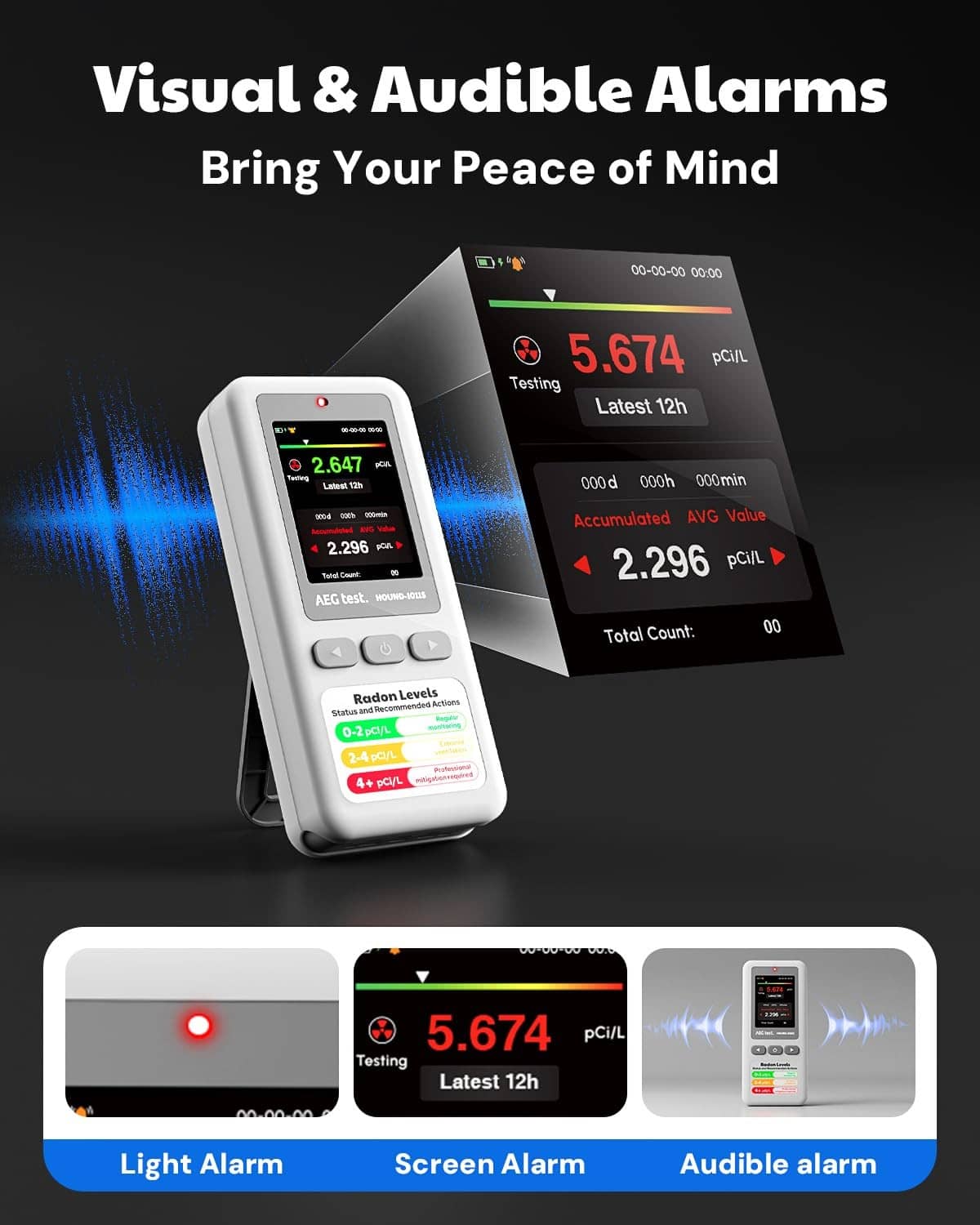 White portable radon detector showing alarm indicators on screen