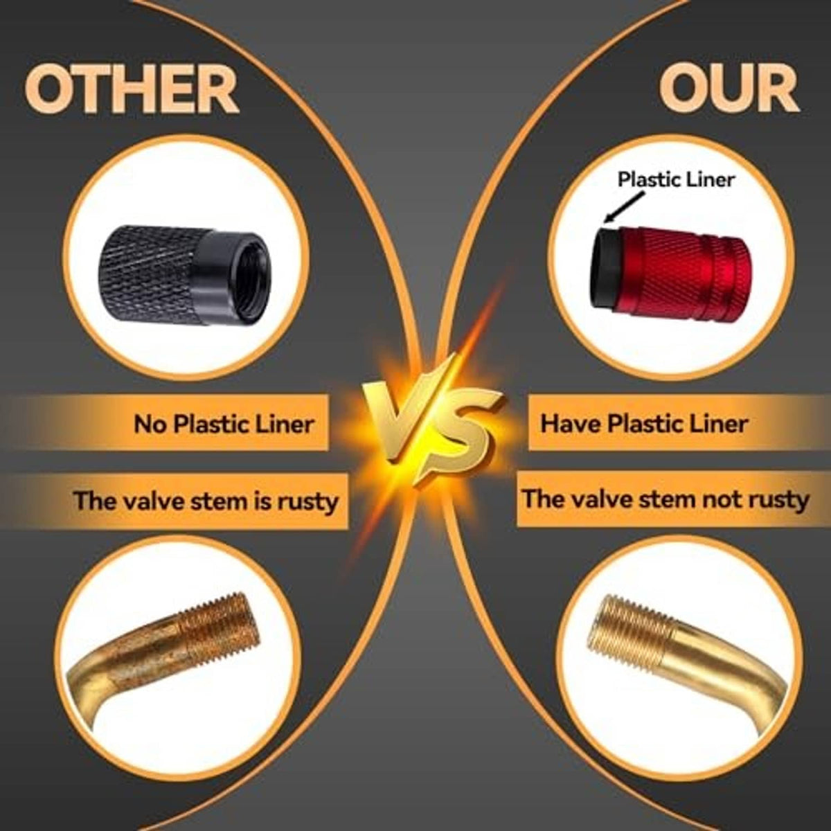 Red metal tire valve stem cap with textured diamond pattern and open inner threads