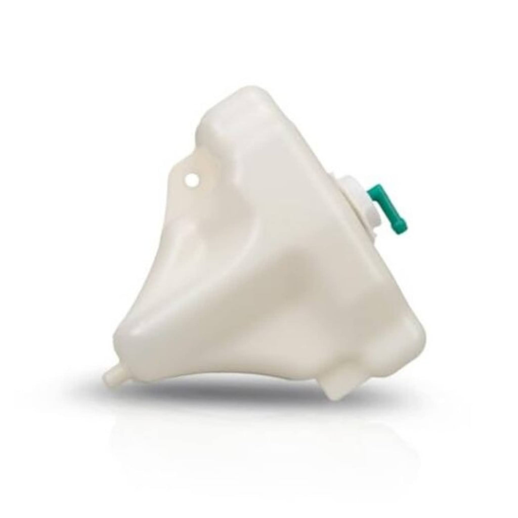 Off-white coolant reservoir with green cap spout and mounting hole
