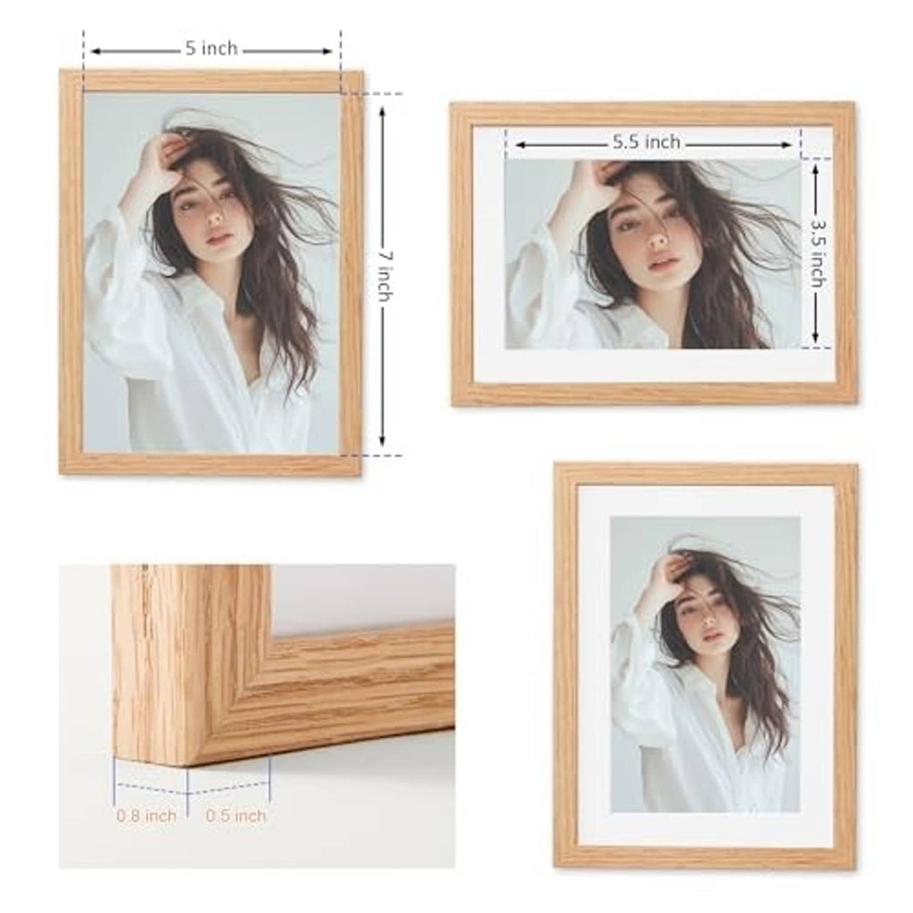 5x7 solid oak picture frame size diagram for portrait and landscape orientation