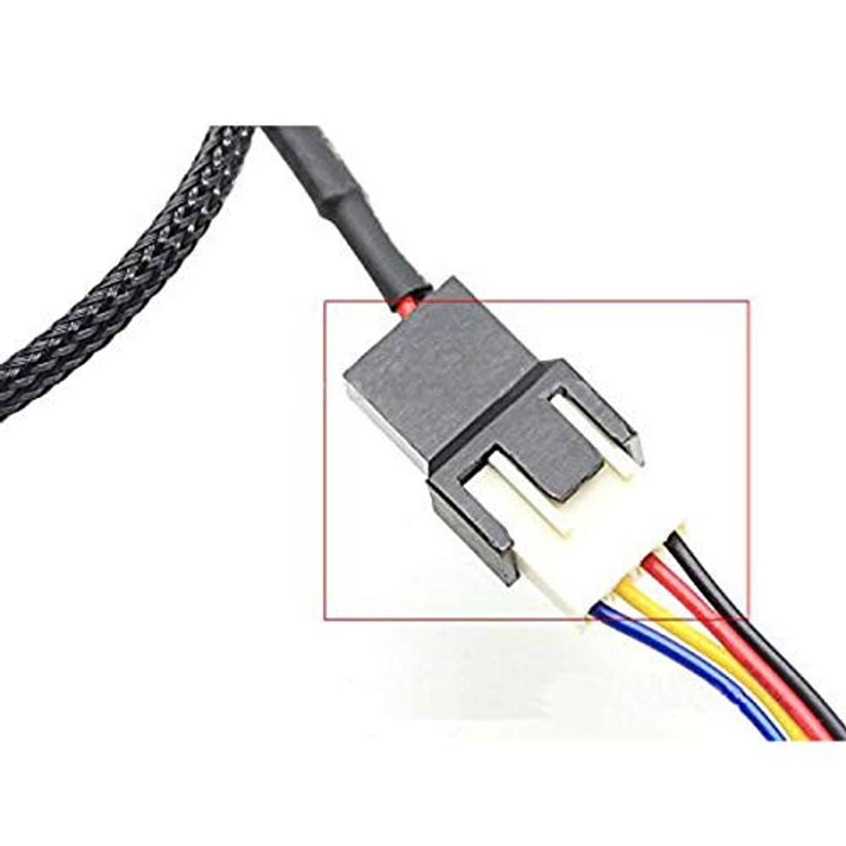 Close-up of connector heads on a SATA to 2x 2-pin PC fan power adapter cable