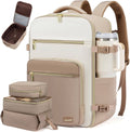 Beige travel backpack with front zip pocket, top handle, and side bottle holder sleeve