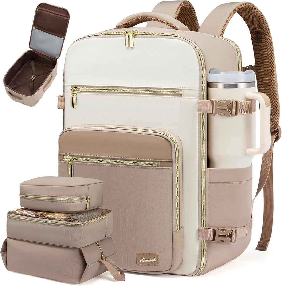 Beige travel backpack with front zip pocket, top handle, and side bottle holder sleeve