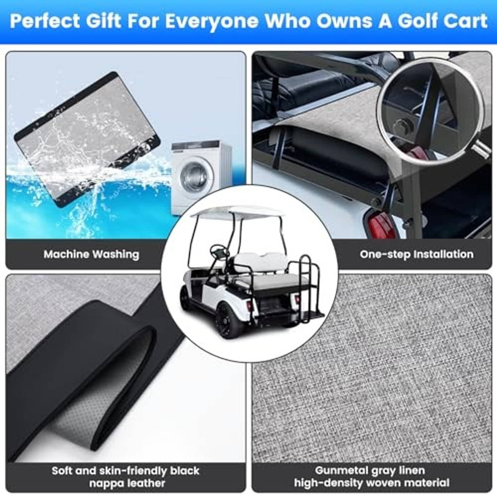 Golf cart seat cover feature collage with gray and black woven fabric