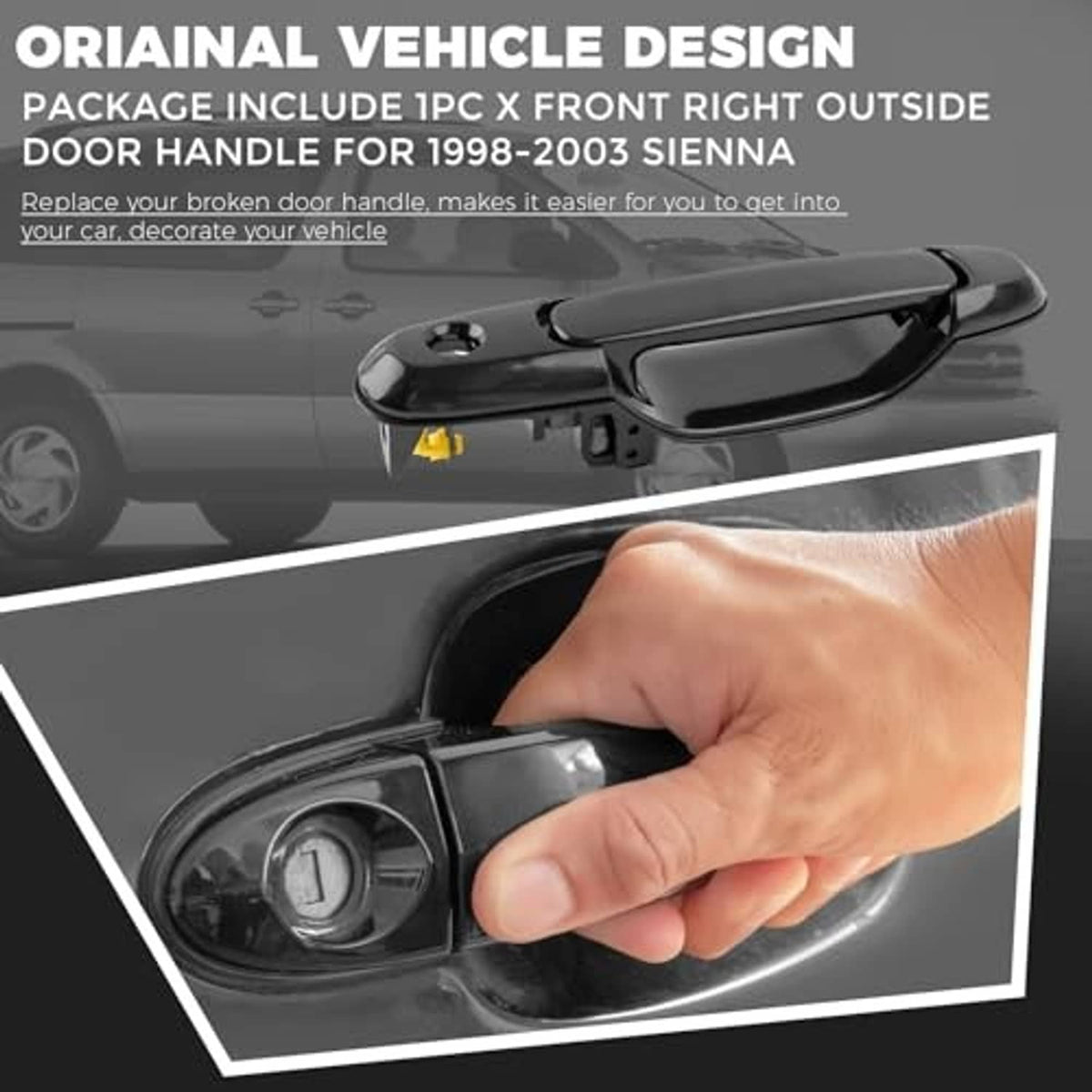 Black exterior front door handle with key cylinder area and hand installation detail