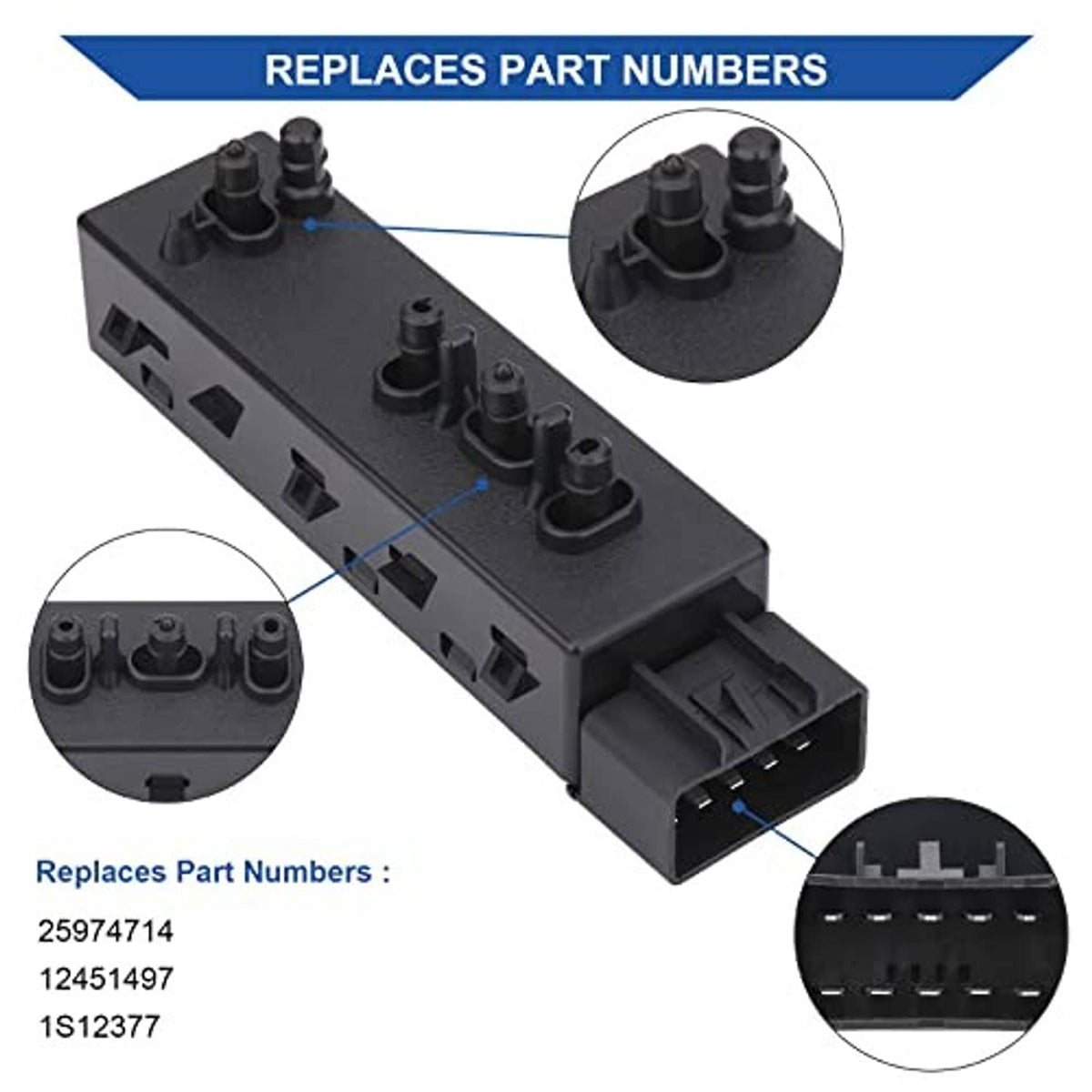 Black power seat recliner switch module with replacement-part labeling circles and connector pins.