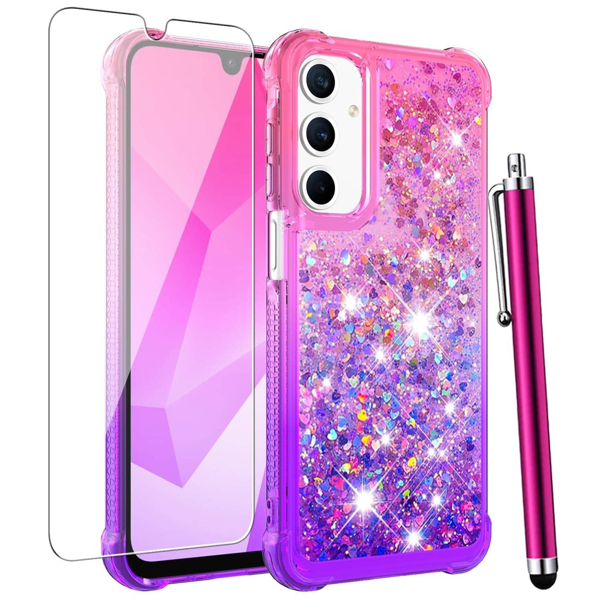 Pink and purple liquid glitter phone case with three-camera cutout and clear screen protector