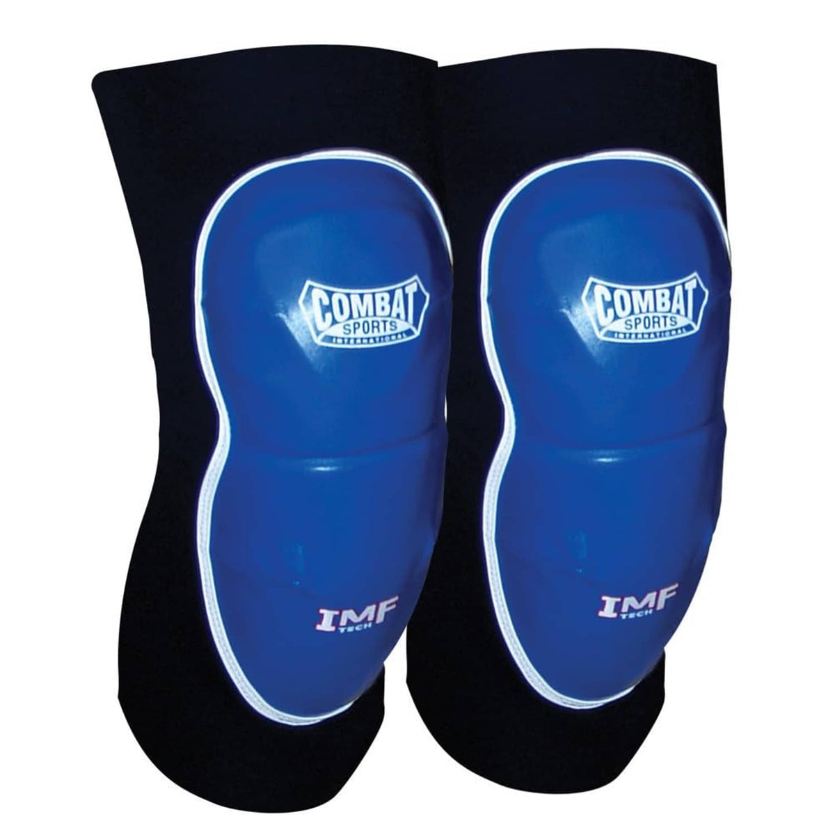 Blue and black MMA elbow pads with molded foam and neoprene sleeves, white edge piping