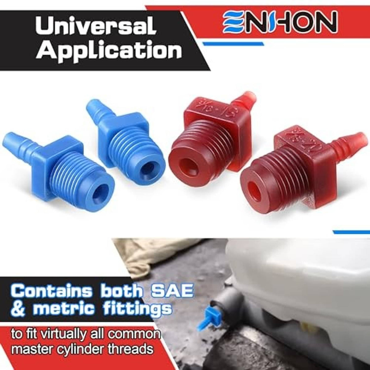 Universal master cylinder bleeder kit with blue and red threaded adapters and hose connections