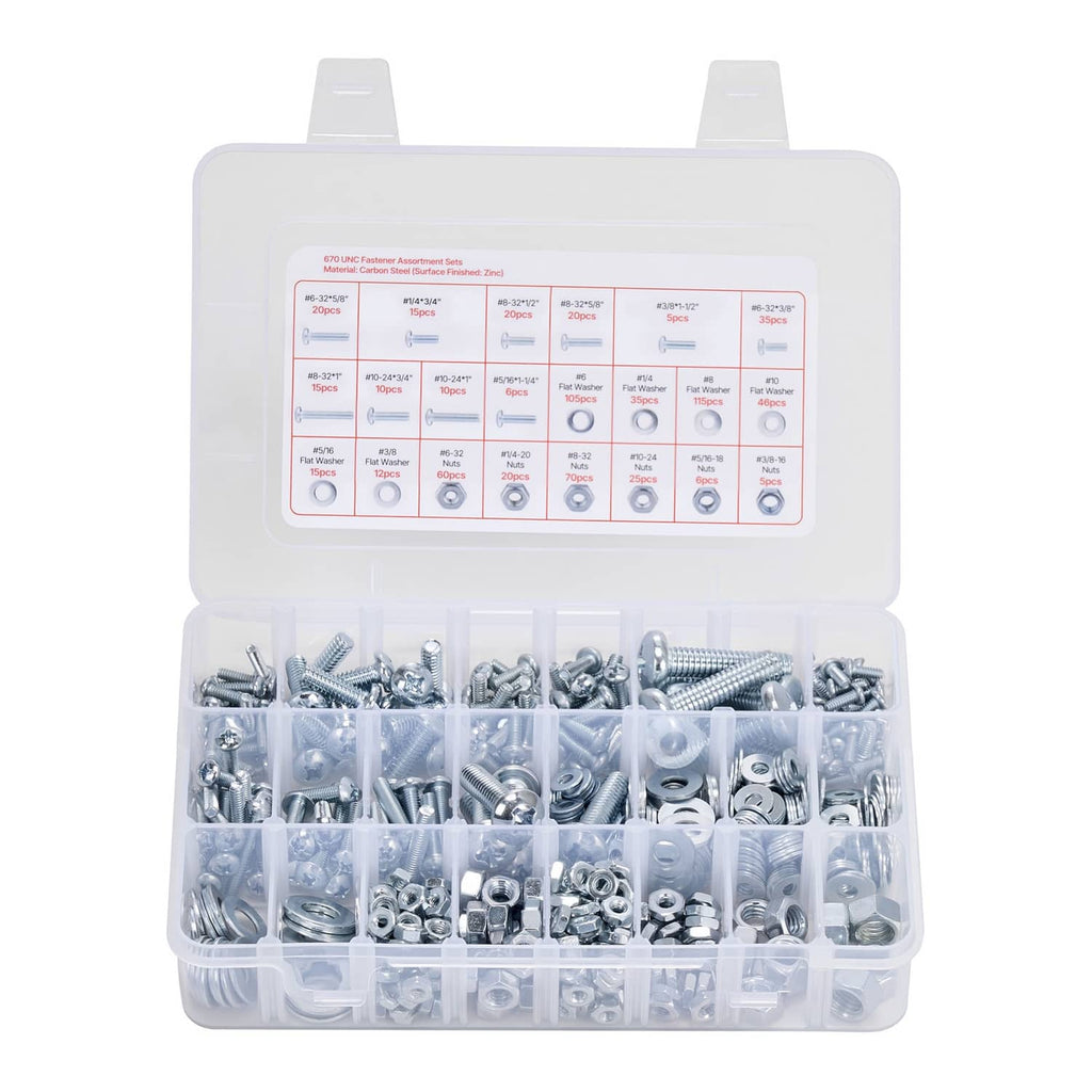 Bolt and nut assortment kit with labeled chart and compartments of mixed silver fasteners