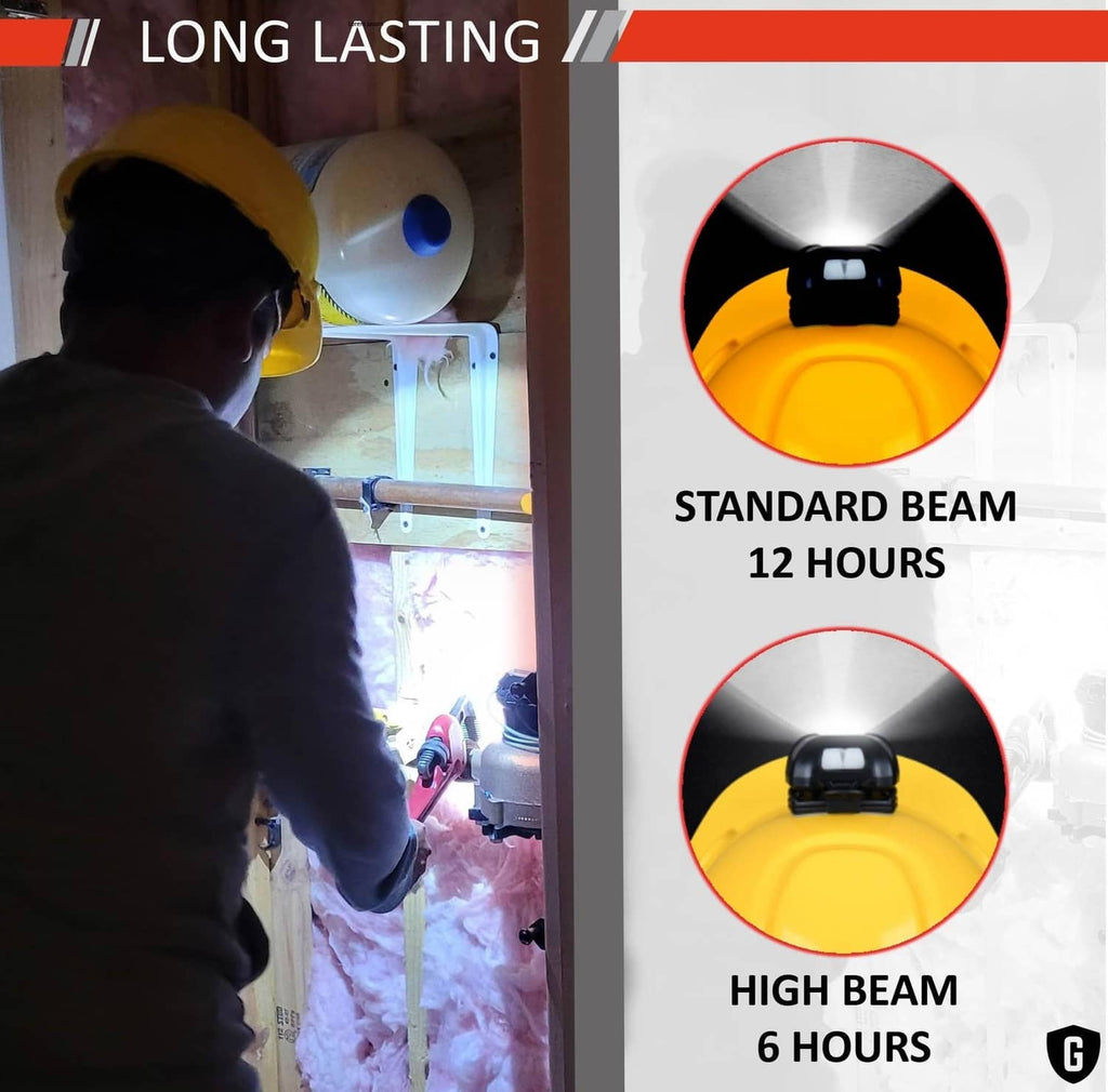 Black hard hat light projecting a bright beam from the front lens
